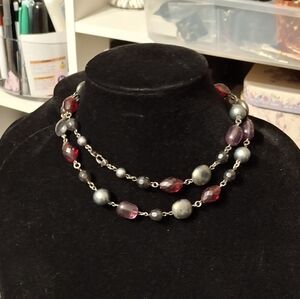 Avon BW  Beaded Necklace - Purple and Gun Metal Gray 32"